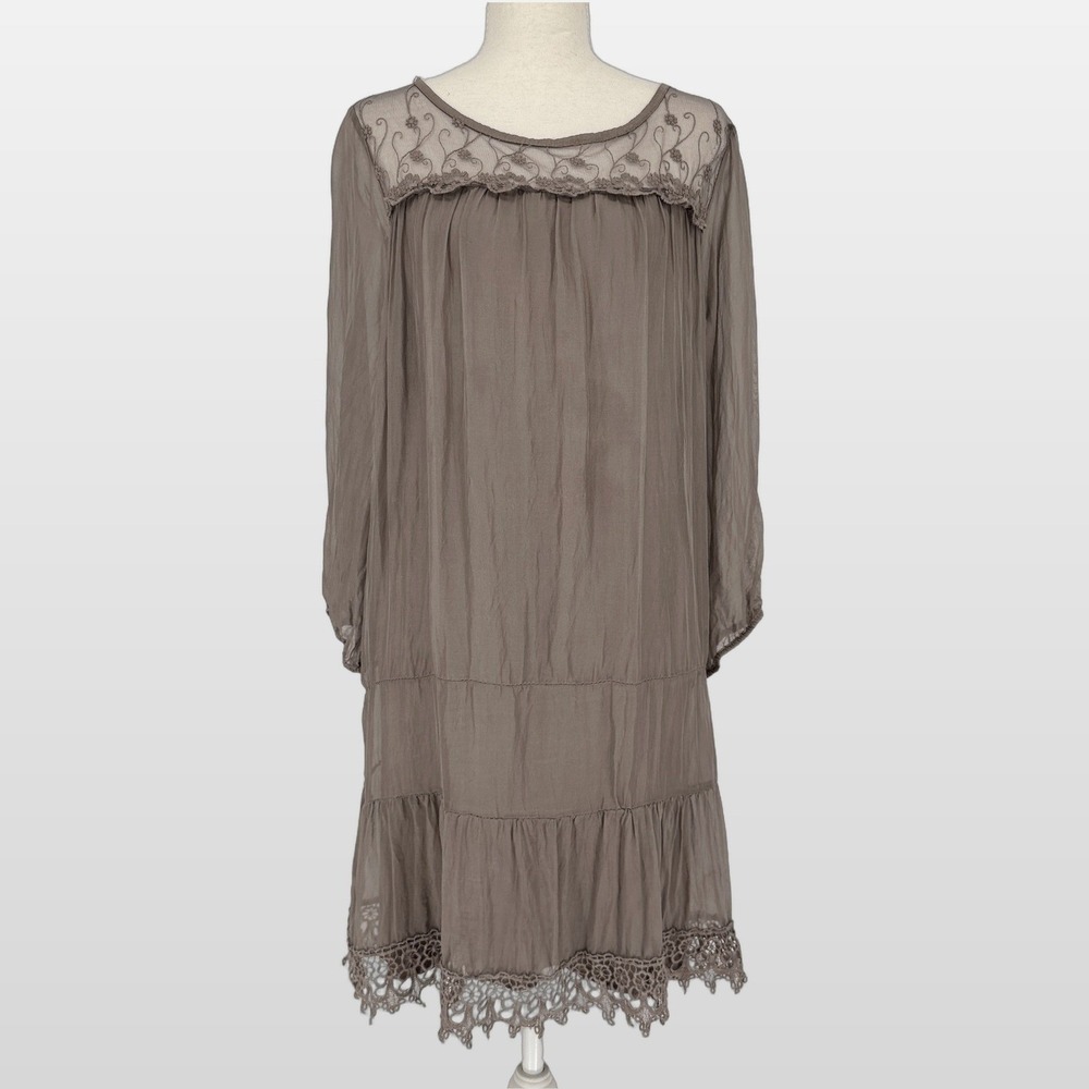 Prontomoda Giusy Silk Lace Tiered Dress S Taupe Boho Cottagecore Fairycore Italy